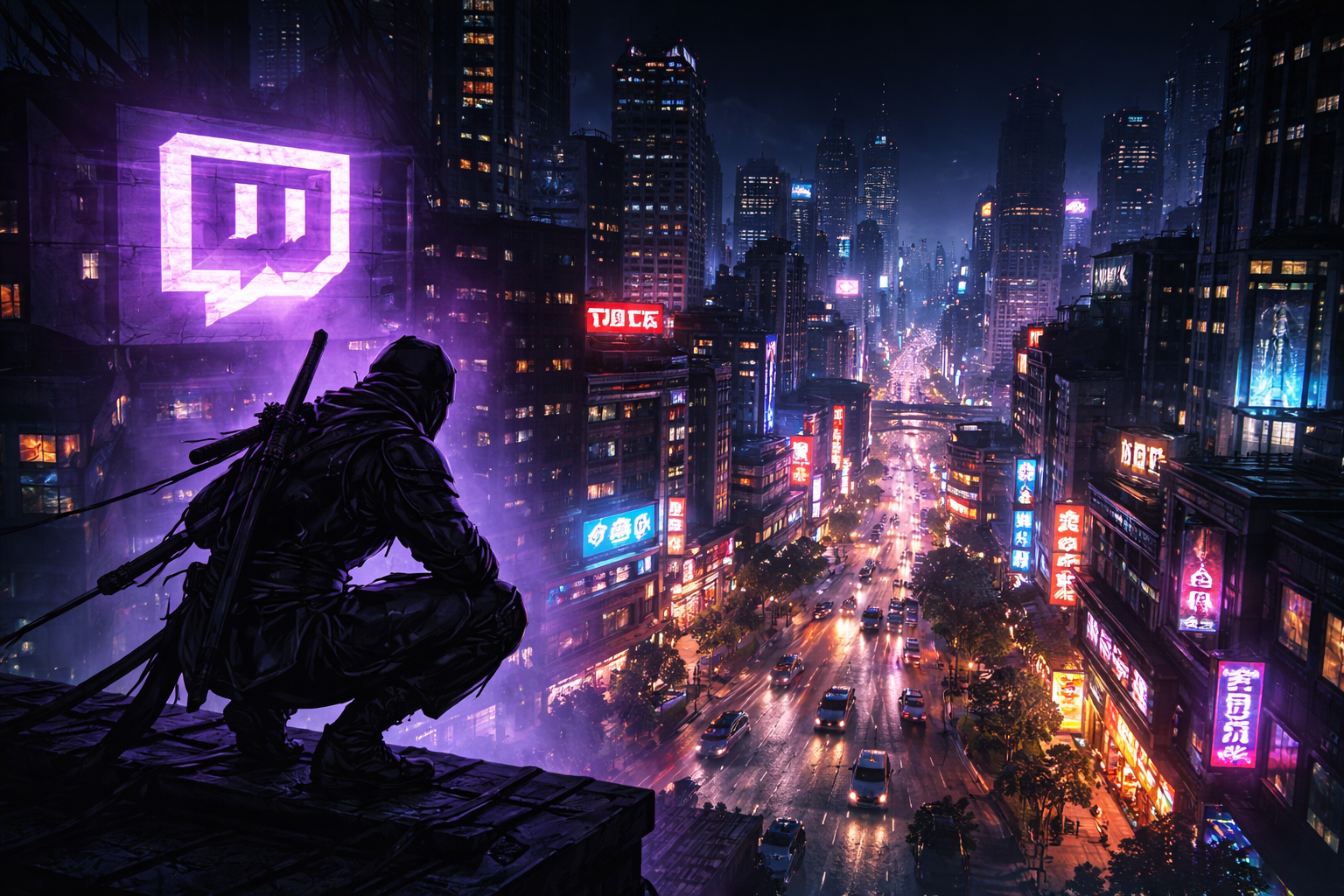 A ninja overlooks a neon-lit city with a glowing Twitch symbol